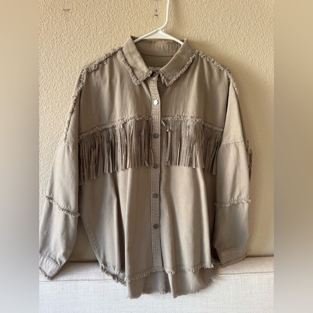 Zara Taupe Fringe Button-Up Shirt